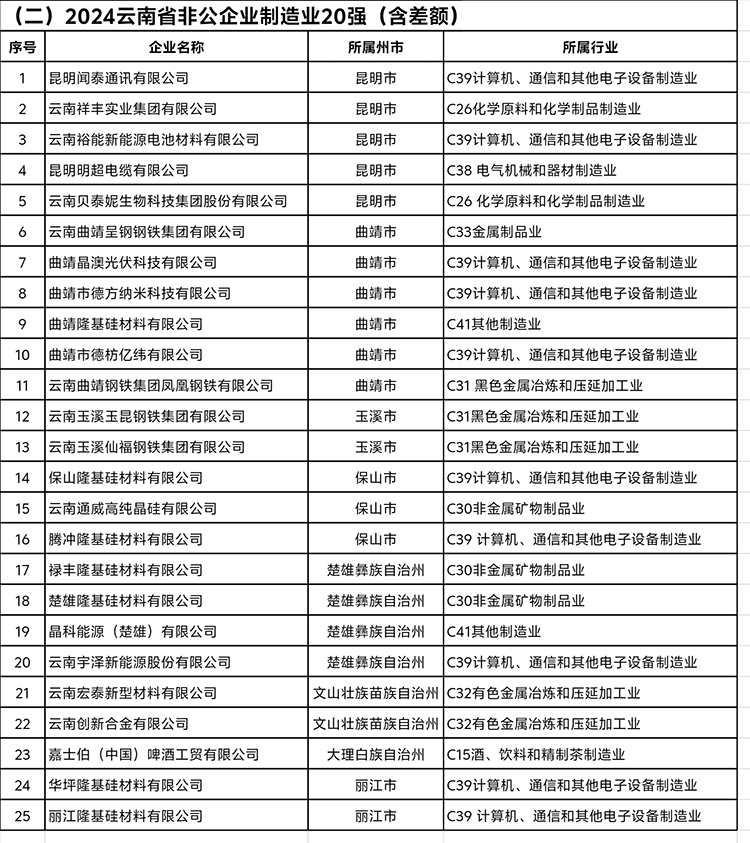 《2024云南省非公企业100强》完整榜单